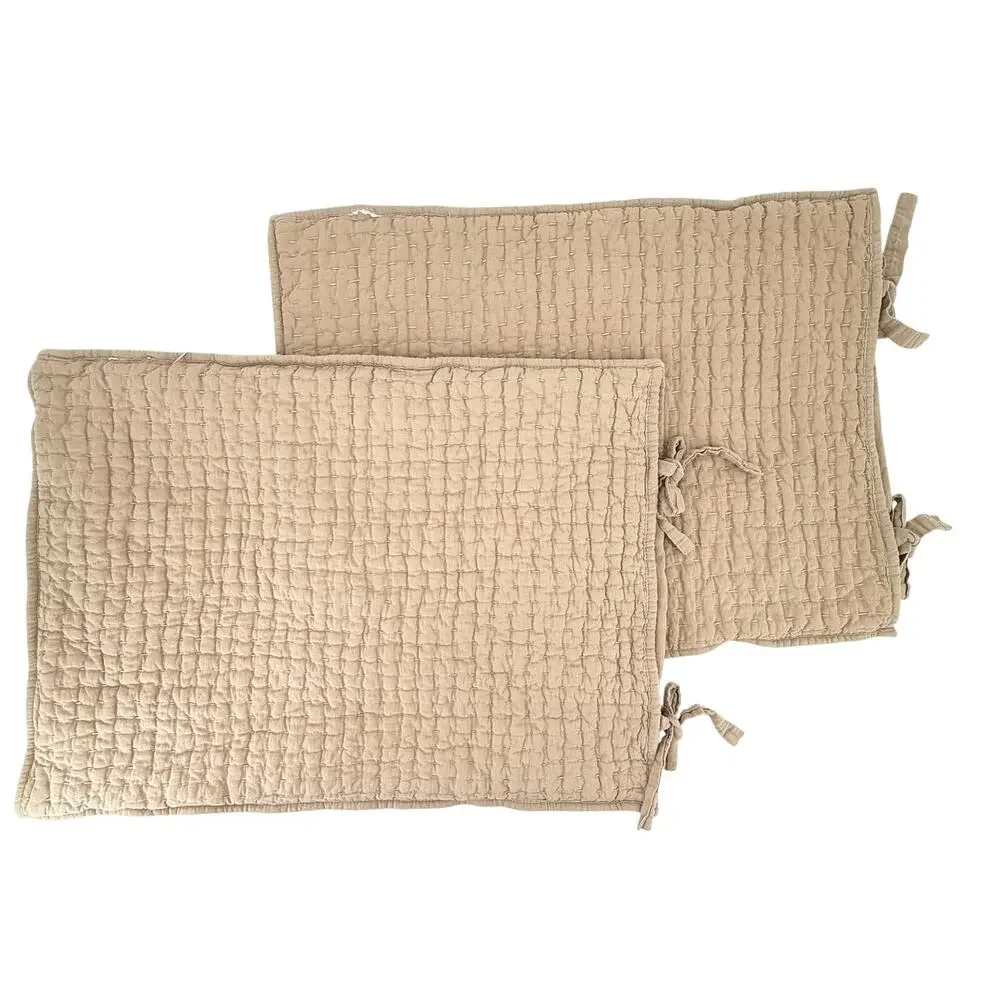 Pottery Barn Pickstitch Standard Pillow Shams Lot Set of 2 Tan Cotton Linen